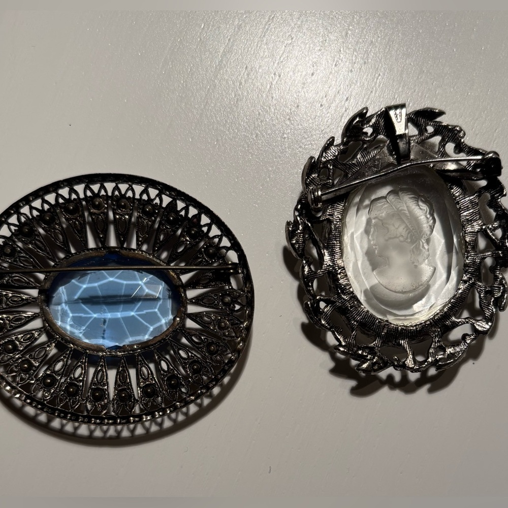 Vintage Brooch Duo — Classic Cameo & Blue Statement Pin Set - Picture 5 of 5